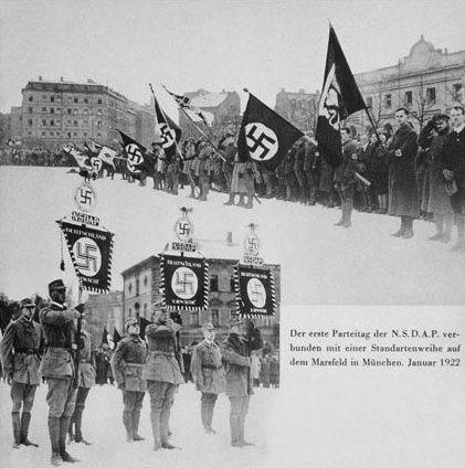 The first Parteitag of the NSDAP was held on 29-30 January 1922 in Munich. Adolf Hitler made a speech each day in the Hofbräuhaus. The NSDAP counted 6000 members